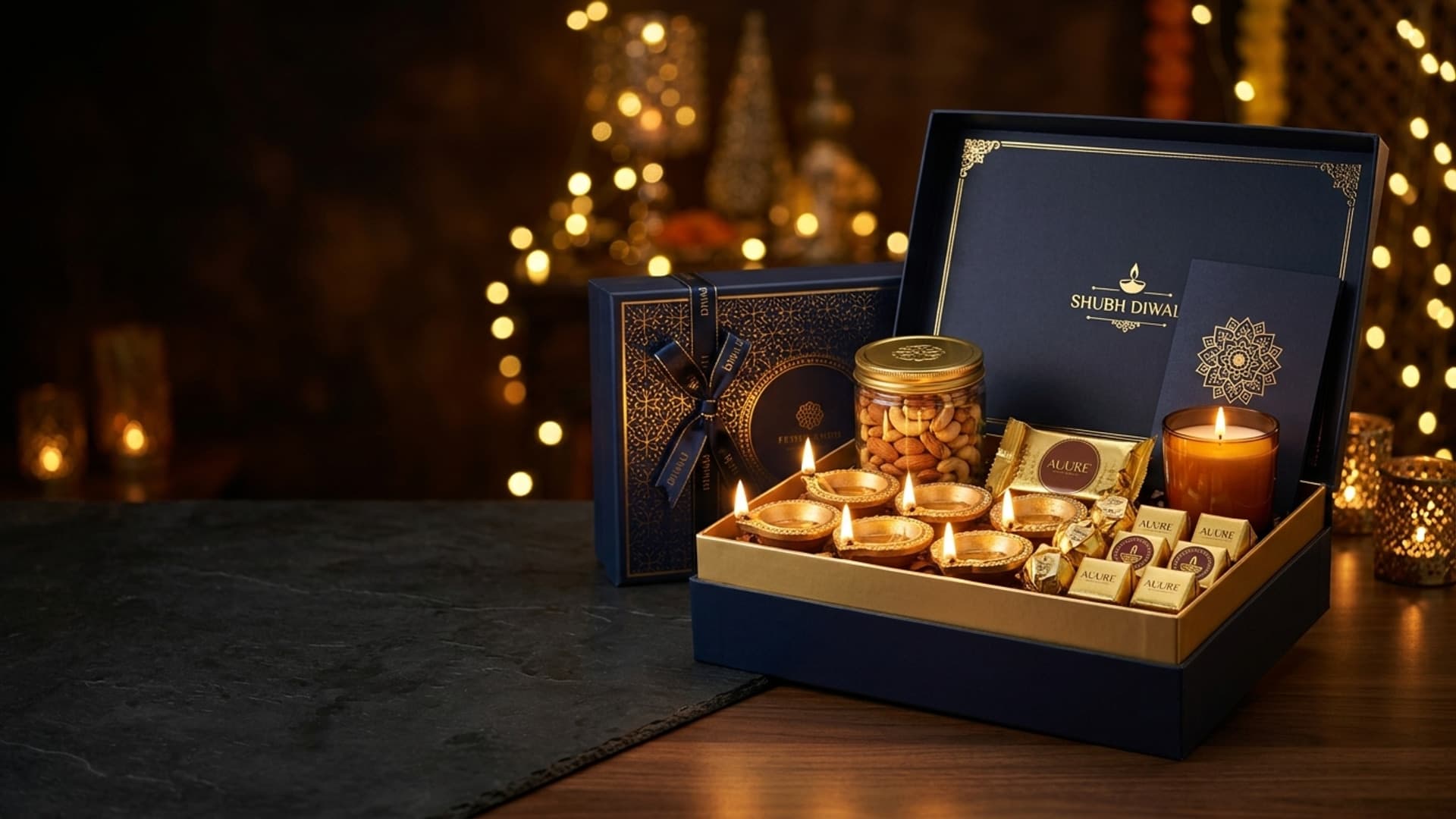 Festive corporate Diwali gift hamper with brass diya, gourmet sweets, and golden packaging