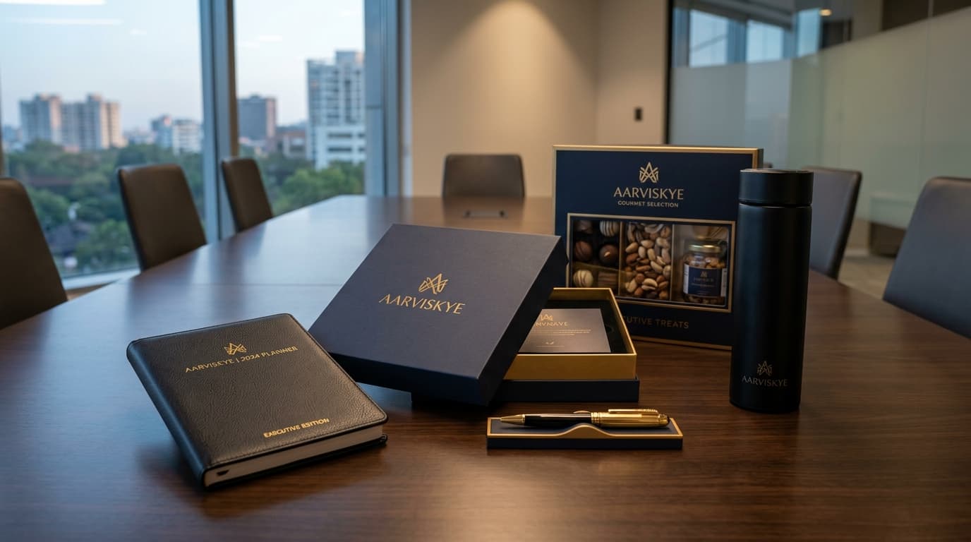 Executive client appreciation gift set featuring leather journal, brass pen, and presentation packaging