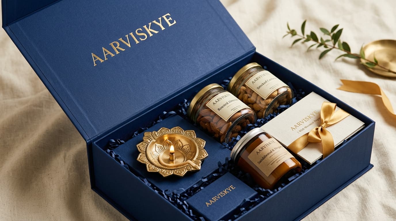 Luxury velvet and rigid box hamper displaying premium textures, brass accents, and fine craftsmanship